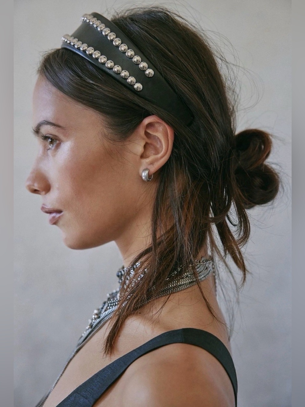 Free People Black Studded Double Headband with Silver Accents